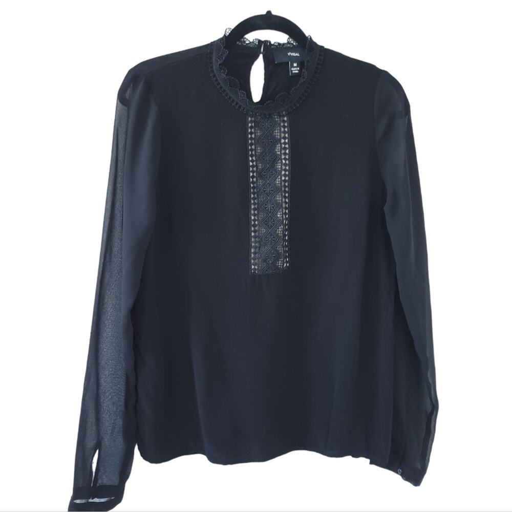 YYIGAL Black Long Sleeve Blouse Medium, Lace, Gothic, Sheer Sleeves, Career